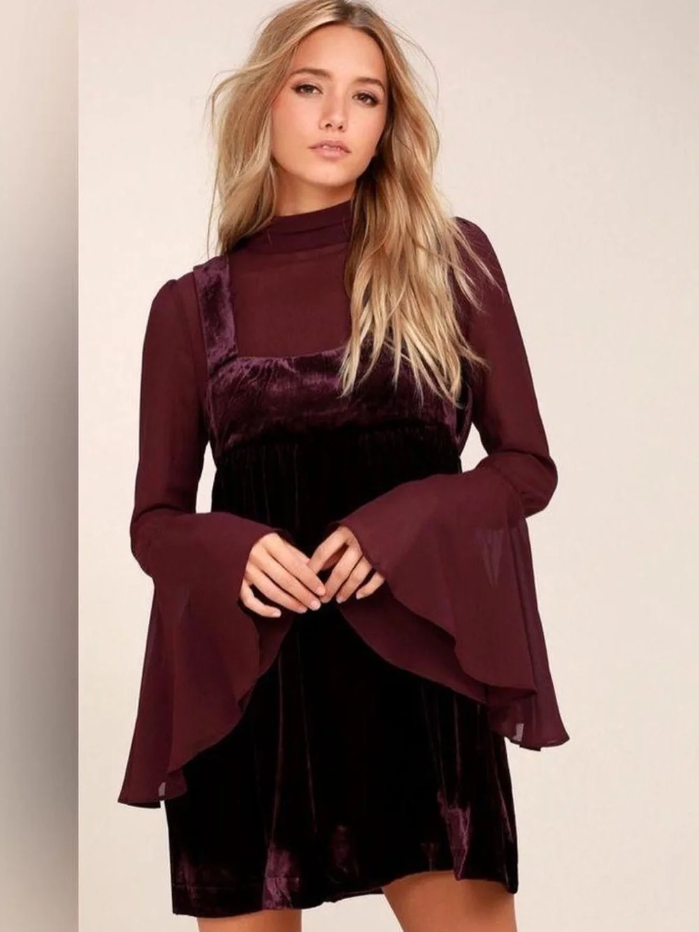 Free People Counting Stars Plum Purple Velvet Long Sleeve Babydoll Dress Size M